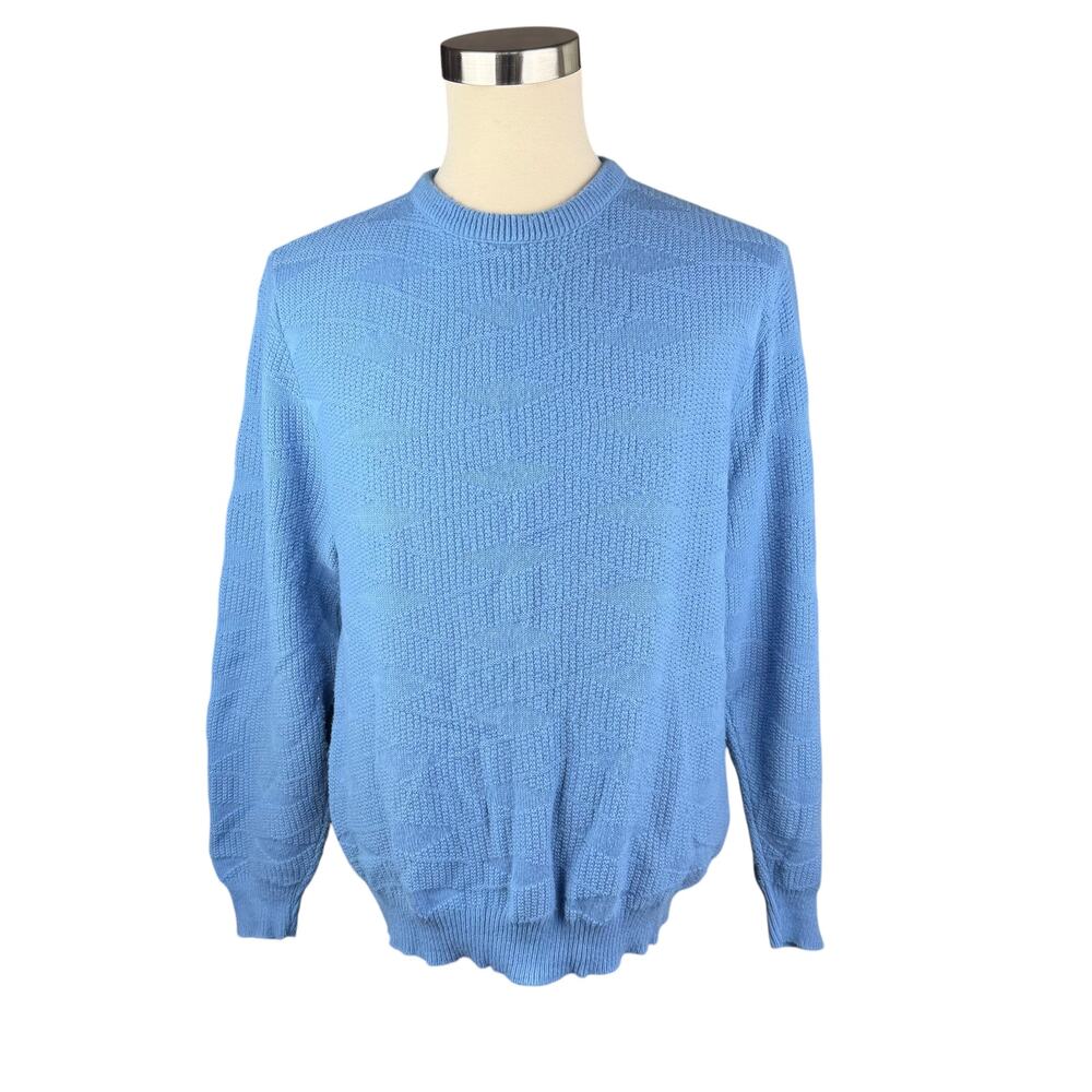 Christian Dior Men's Blue Knit Sweater, Size L, Crew Neck Orlon Acrylic Vintage